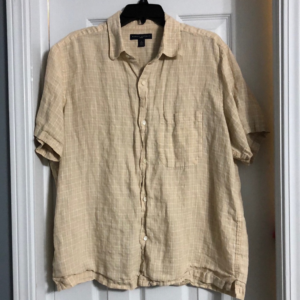 Banana Republic 100% Linen Flowy Windowpane Button Down Short Sleeve Shirt Tan